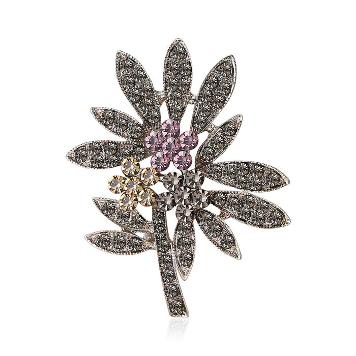 Rhinestone Palm Leaf Brooch Pink Champagne Crystal Clusters