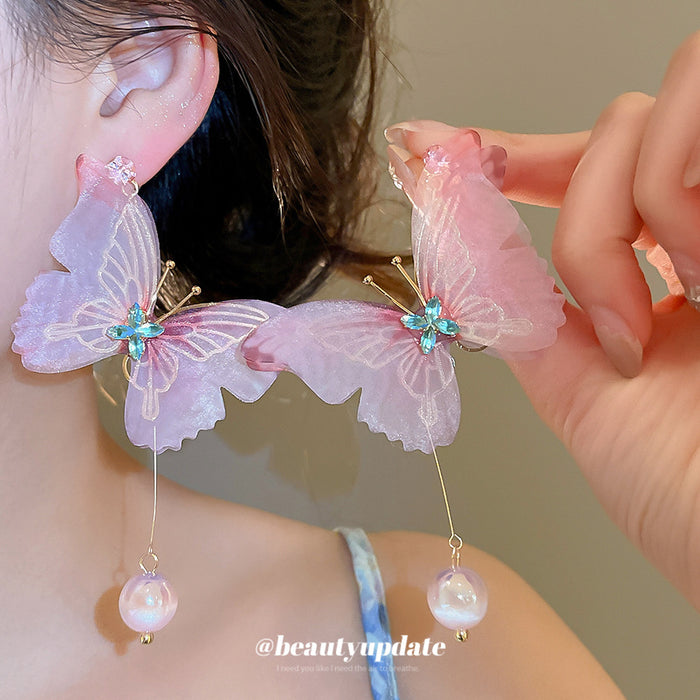 Pink Fabric Butterfly Pearl Drop Earrings Fashion Jewelry Accessory