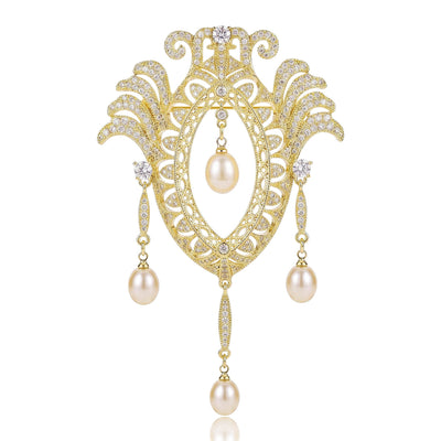 Ornate Filigree Brooch With Pearl Teardrop Dangles shown from the front on a white background