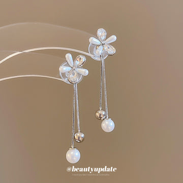 Silver Tone Flower Chain Earrings with Pearl Drops
