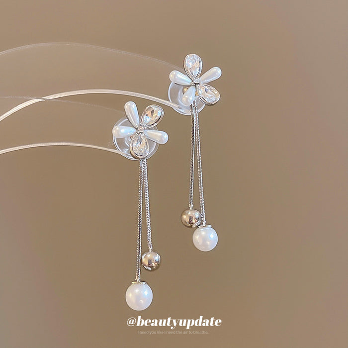 Silver Tone Flower Chain Earrings with Pearl Drops