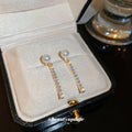 Gold Pearl Crystal Bar Chain Drop Earrings Polished Metal Jewelry view 2