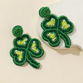 Green Seed Bead Three-Leaf Clover Drop Earrings With Pearl Beads view 3