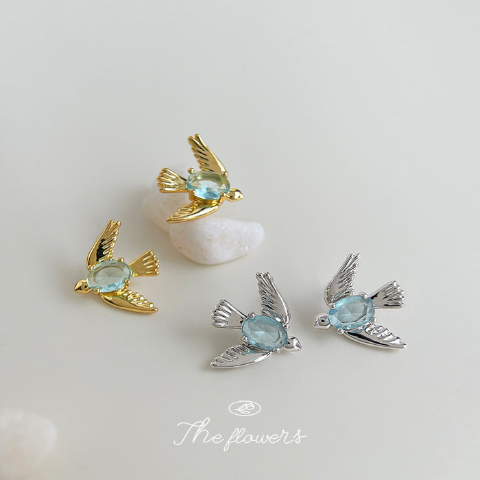 Flying Bird Stud Earrings Aqua Oval Stone Gold Silver Finishes