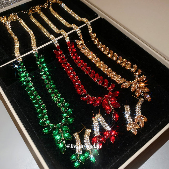 Gold Marquise Leaf Rhinestone Necklace Earring Sets