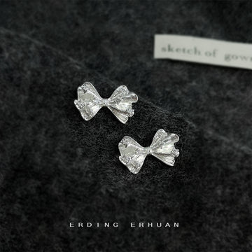 Silver Textured Bow Stud Earrings Micro Zirconia Pair