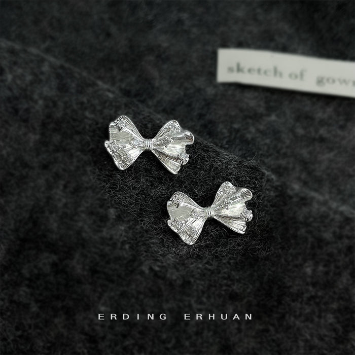 Silver Textured Bow Stud Earrings Micro Zirconia Pair