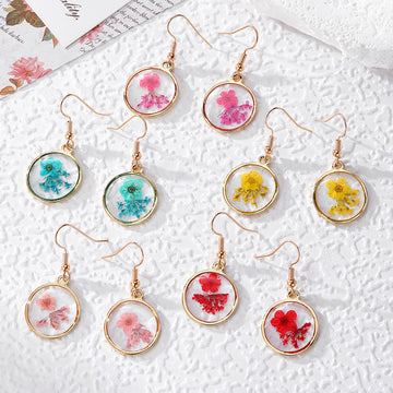 Pressed Flower Round Resin Earrings Gold Hooks 5 Colors