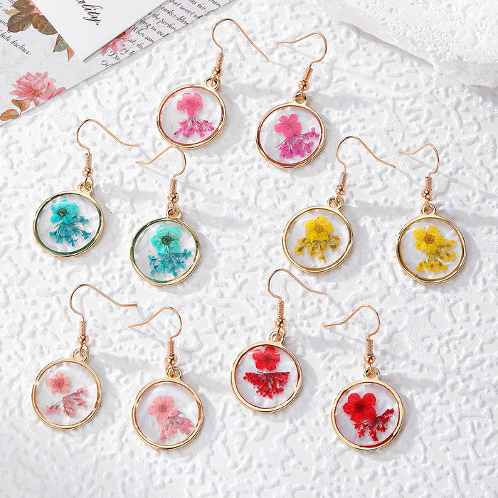 Pressed Flower Round Resin Earrings Gold Hooks 5 Colors