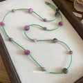Green Seed Bead Necklace with Pink and Purple Round Beads view 2