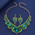 Black Silver Tone Green Crystal Wing Collar Four Designs Metal Necklace and Earring Set view 3