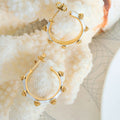 White Enamel C Hoop Earrings Gold Floral Bead Accents view 2