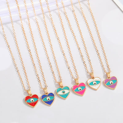 Main product view of gold Tone Enamel Heart Evil Eye Pendant Necklaces in Six Colors