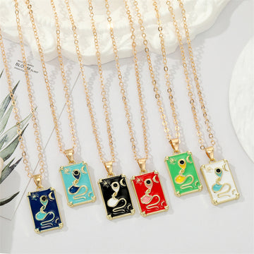 Gold Tone Rectangular Enamel Snake Card Pendant Necklaces