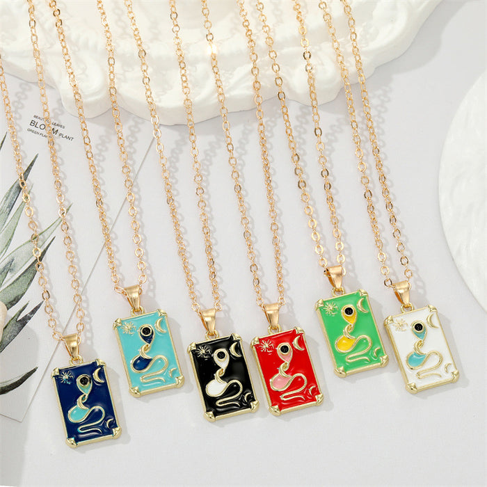 Gold Tone Rectangular Enamel Snake Card Pendant Necklaces