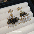 Black and White Beaded Tassel Flower Drop Earrings view 4
