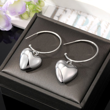 Silver Tone Polished Puffy Heart Hoop Drop Earrings