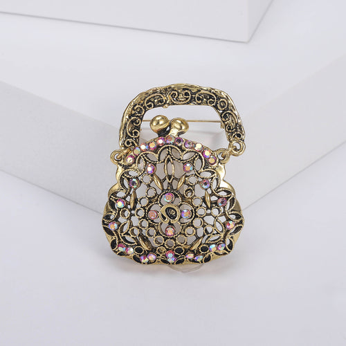 Close view showing the brooch colors and crystal details