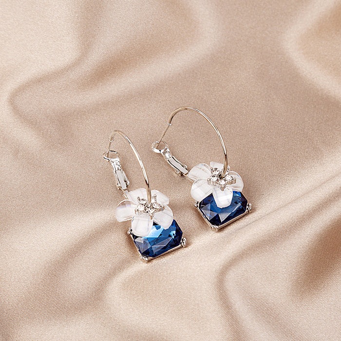 Blue Square and White Flower Silver Tone Clip Earrings
