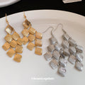 Matte Diamond Tile Chandelier Earrings in Silver and Gold Tones view 4