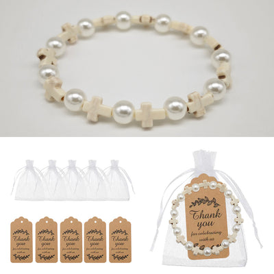Pearl and cream cross bead stretch bracelet with bags and tags