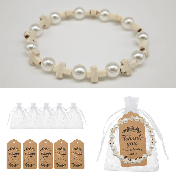 Pearl Cross Bead Stretch Bracelet Cream Tone Beads