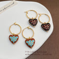 Gold Hoop Black Enamel Heart Red Flower Drop Earrings view 1