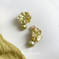 Sage Green Metallic Flower Pearl Drop Stud Earrings view 3