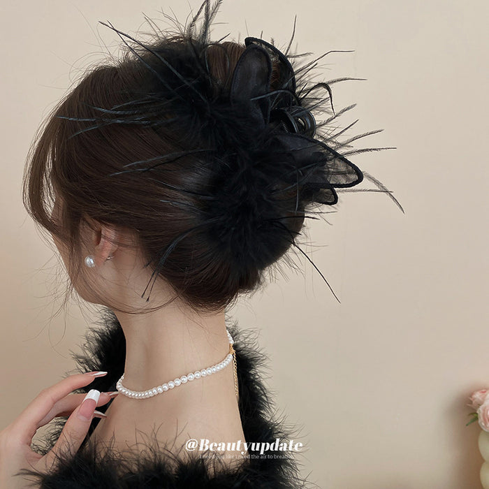 Black Feather Hair Claw With Sheer Fabric Loops And Loose Strands