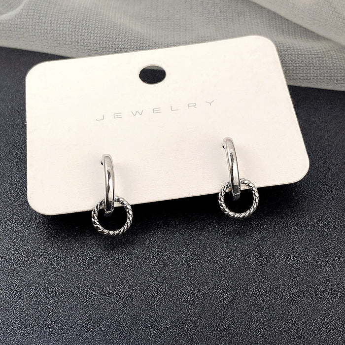 Silver Tone Double Circle Drop Huggie Earrings with Polished Finish