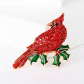 Red Crystal Cardinal Bird Brooch on Green Holly Leaves view 6