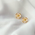 Cream Four Petal Flower Round Stud Earrings Gold Rim view 3