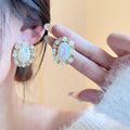 Iridescent Oval Pearl Look Clear Stone Halo Earrings view 1