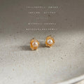 White Pearl Stud Earrings Gold Tone Organic Petal Frame view 3