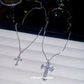 Silver Tone Layered Crystal Cross Pendant Necklace Set view 4