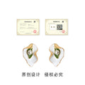 White Enamel Leaf Stud Earrings Green Center Pearl Gold view 3