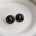 Black Enamel Round Rose Motif Stud Earrings Gold Trim view 4