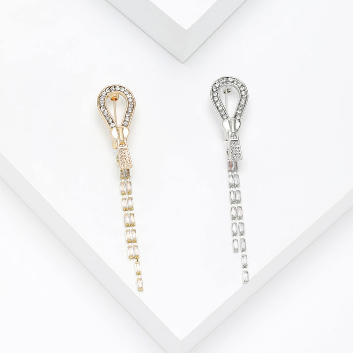Crystal Zipper Pull Brooch With Twin Tassels in Two Finishes