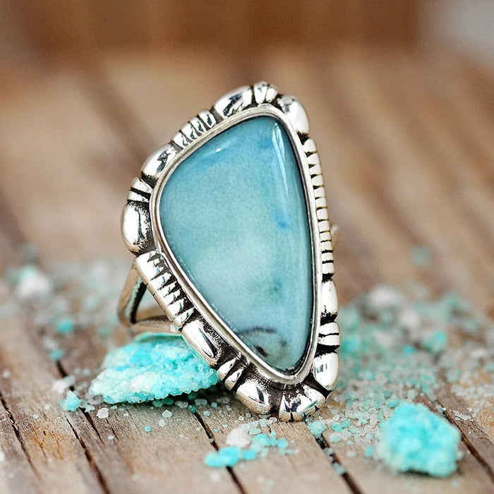 Antique Silver Irregular Triangle Turquoise Cabochon Ring 6-10