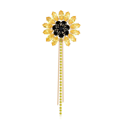 Angled close-up showing crystals on the yellow crystal sunflower brooch