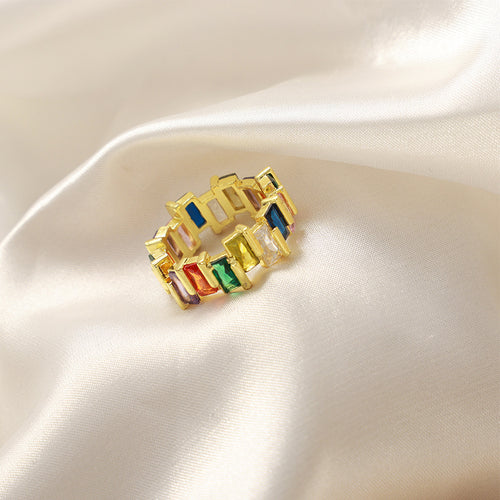 Gold multicolor baguette geometric open ring on white silk
