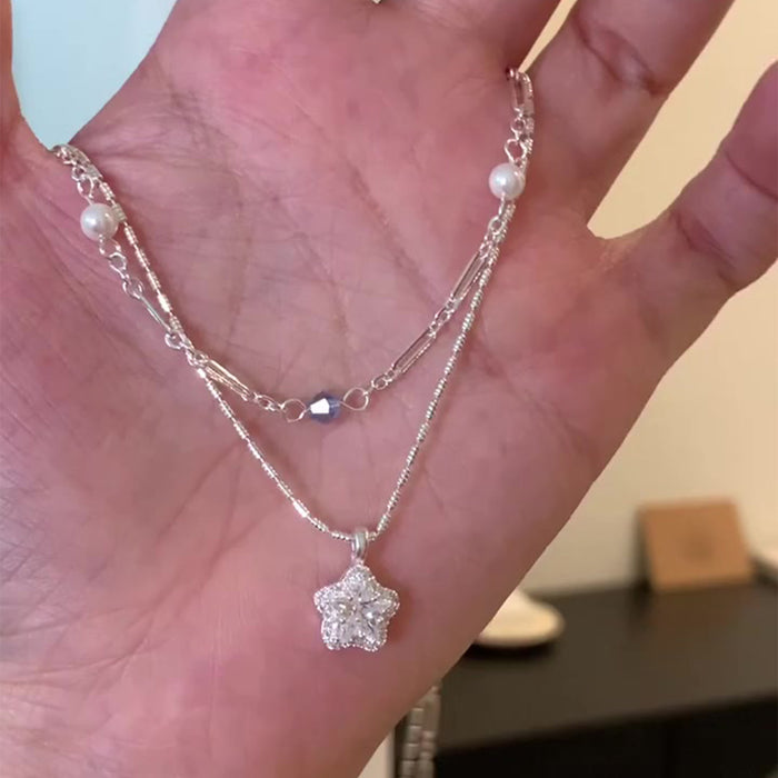 Silver Tone Layered Chain Necklace With Star Pendant