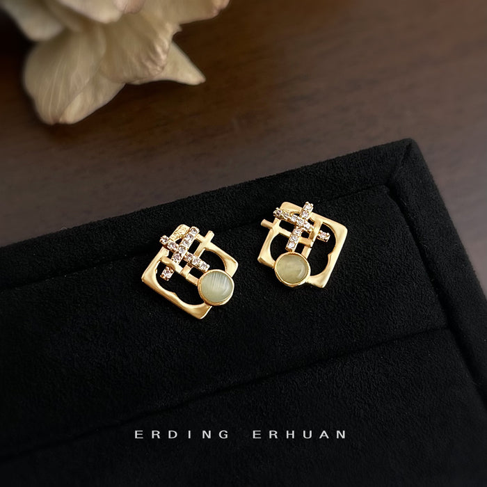 Gold-Tone Geometric Square Pale Cat-Eye Stud Earrings