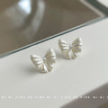 White Ribbed Silver Line Bow Stud Earrings Matching Pair view 4
