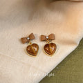 Brown Bow Stud Amber Glitter Heart Drop Earrings Pair view 3
