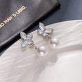 Silver Clear Butterfly Pearl Look Dangle Stud Earrings view 3