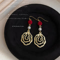 Gold Hook Earrings Red Flock Ball Pearl Spiral Metal Drop view 1