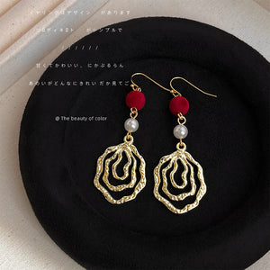 Gold Hook Earrings Red Flock Ball Pearl Spiral Metal Drop