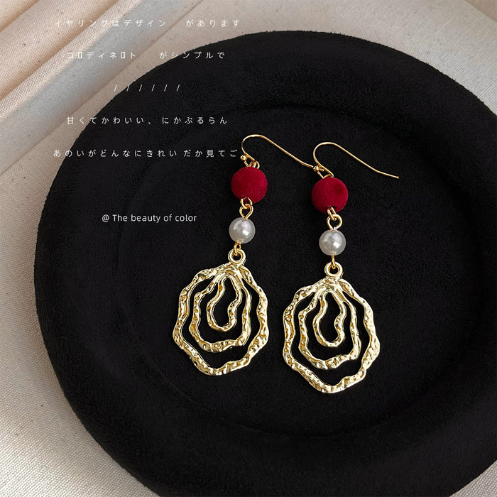 Gold Hook Earrings Red Flock Ball Pearl Spiral Metal Drop