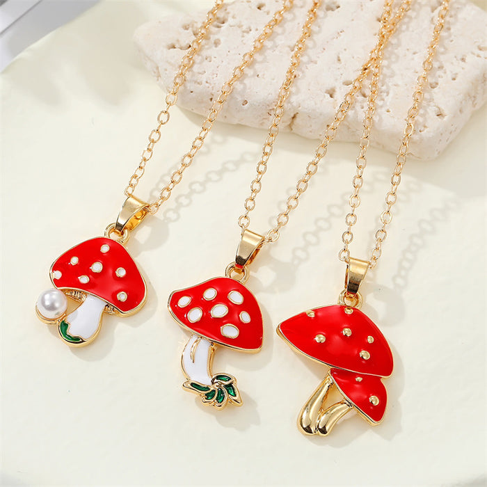Gold Tone Red Enamel Mushroom Pendant Necklaces in Three Designs